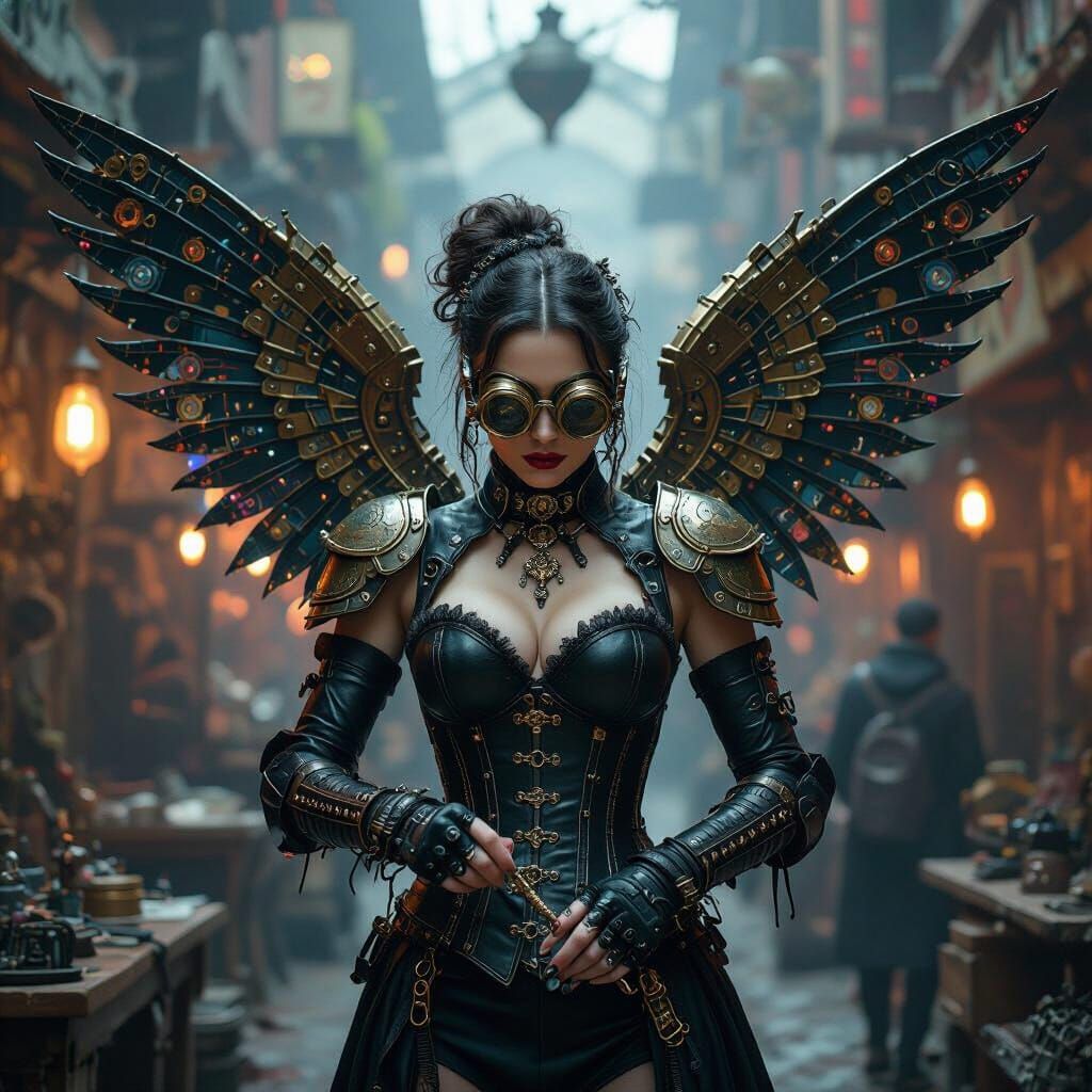 Goth Artisan Crafting Wings in Cyberpunk Bazaar