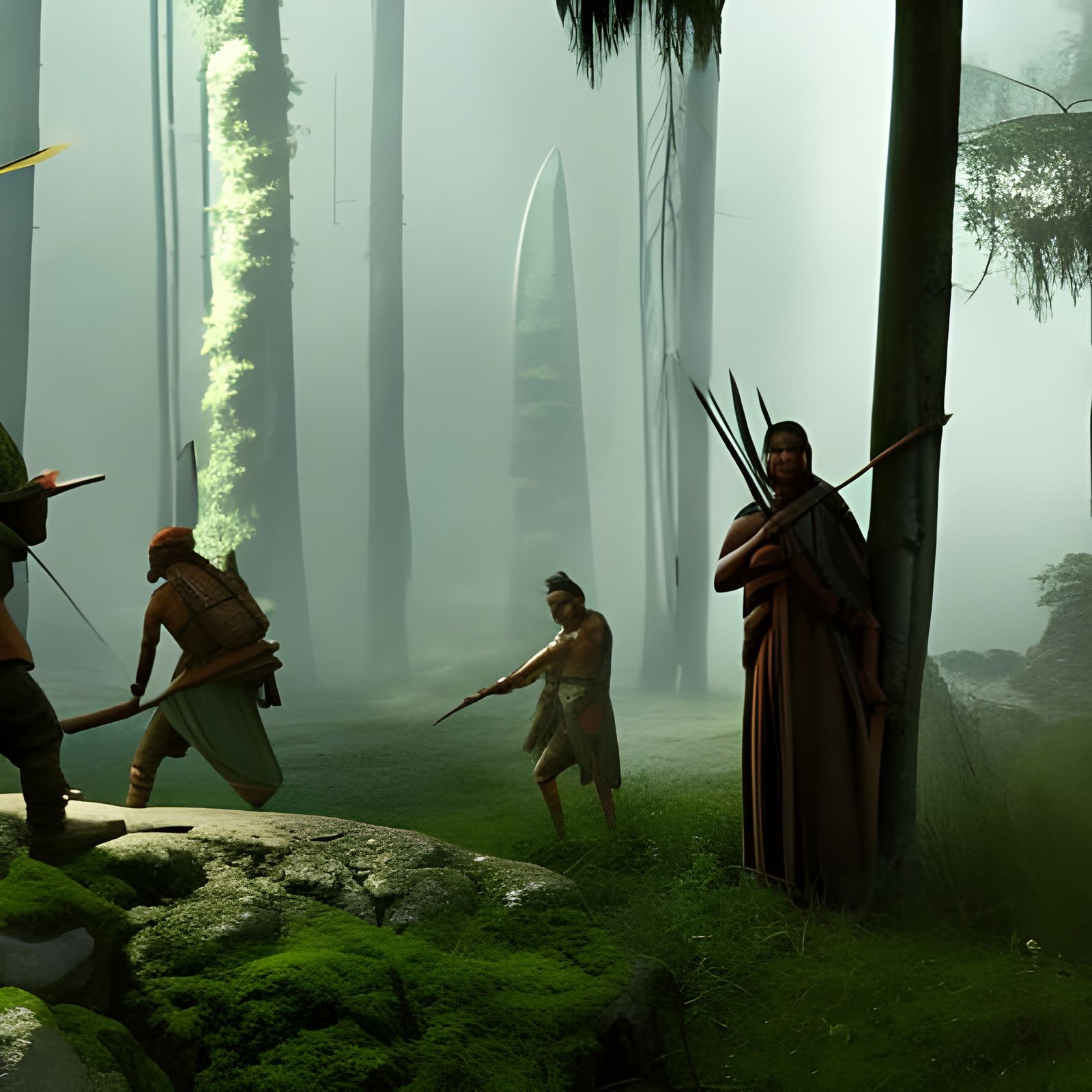 Indigenous Hunters in Forest, Digital Matte Painting