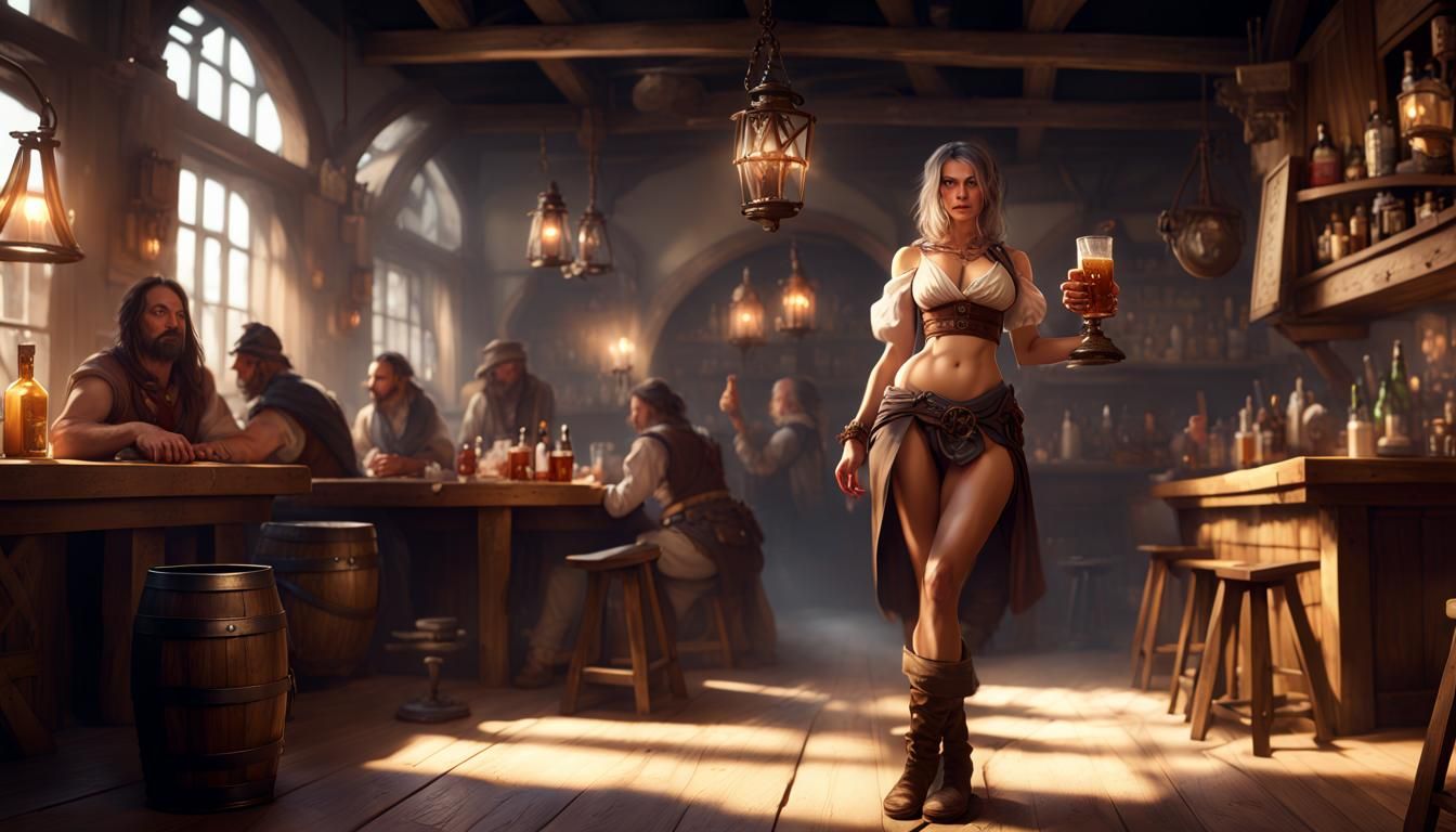 A gorgeous, yet provocative-looking tavern wench in a medieval ale house serving drinks to a group of D&D adventurers of...