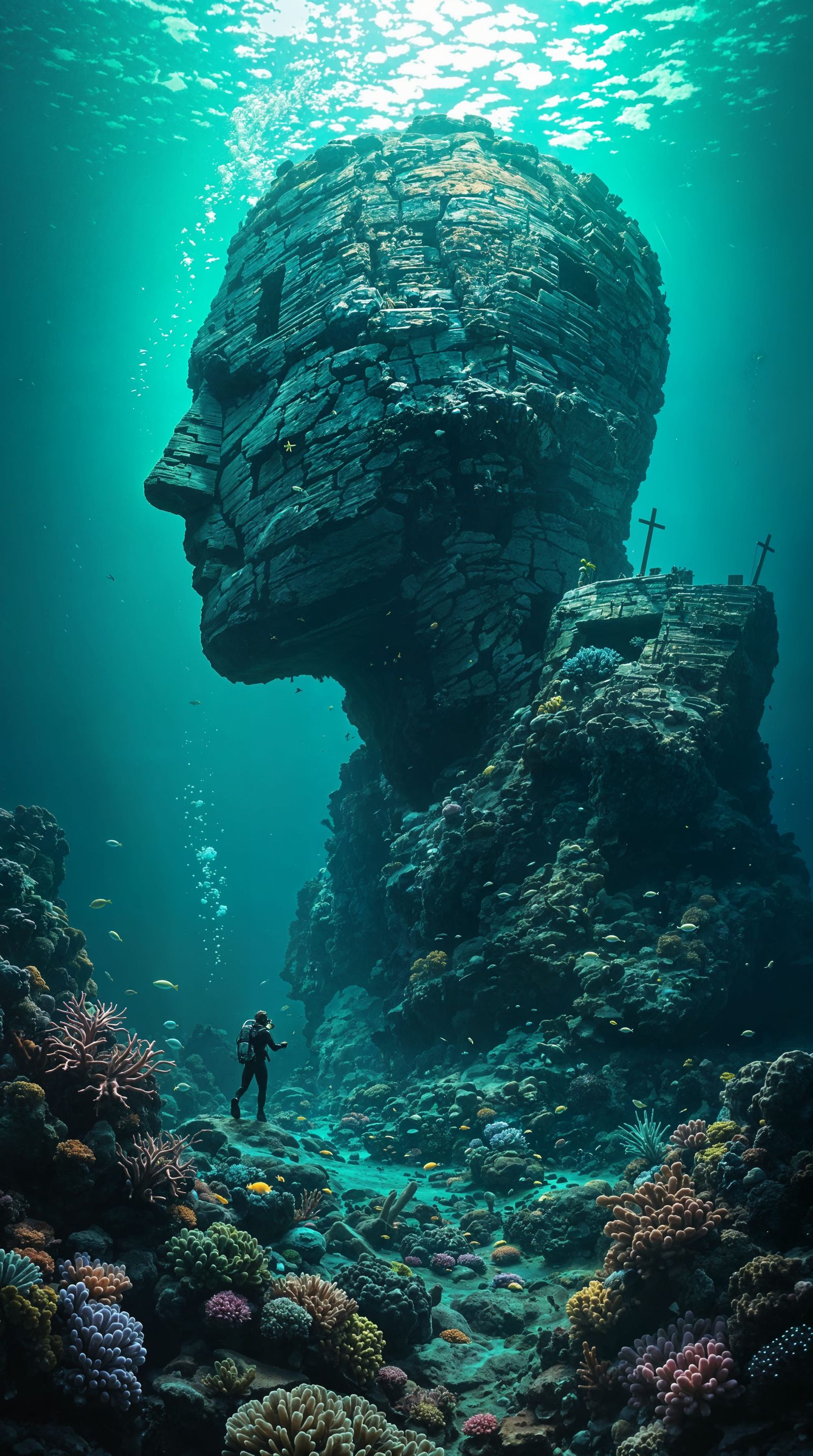 Underwater Dreamscape with Giant Rock Profile in Profile