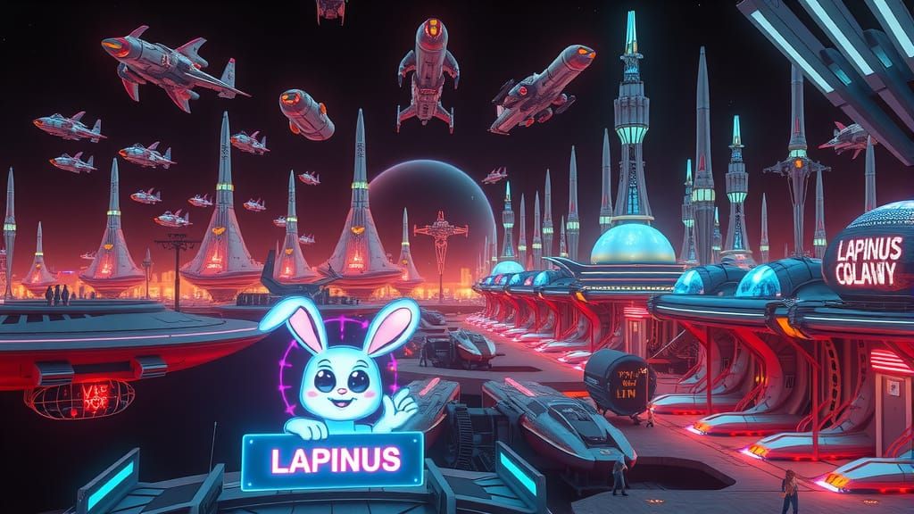Futuristic Space Colony with Neon Lights and Holographic Ali...