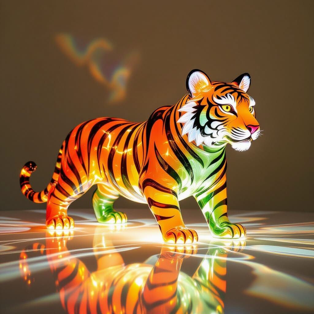 Radiant Glass Tiger Sculpture with Molten Hues