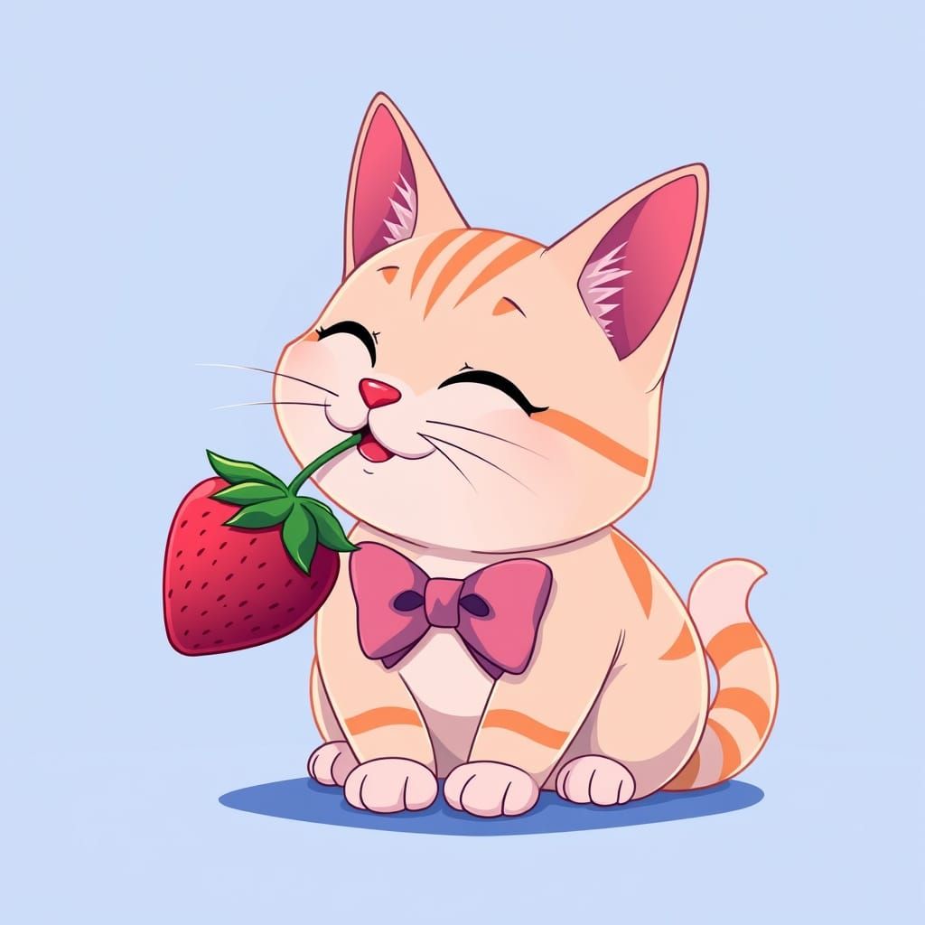 Cute Cat Eating Strawberry in Anime Style