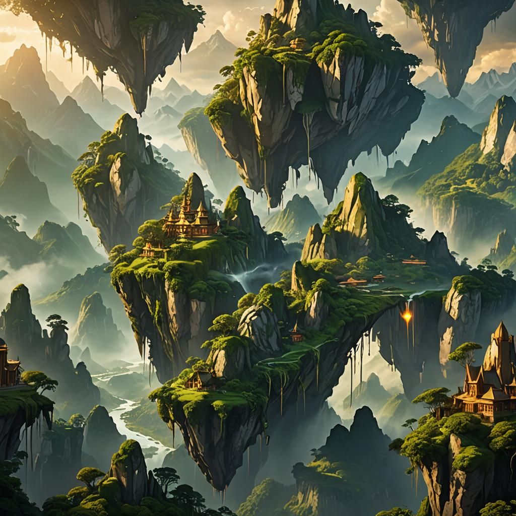 Golden Light on Floating Green Mountains