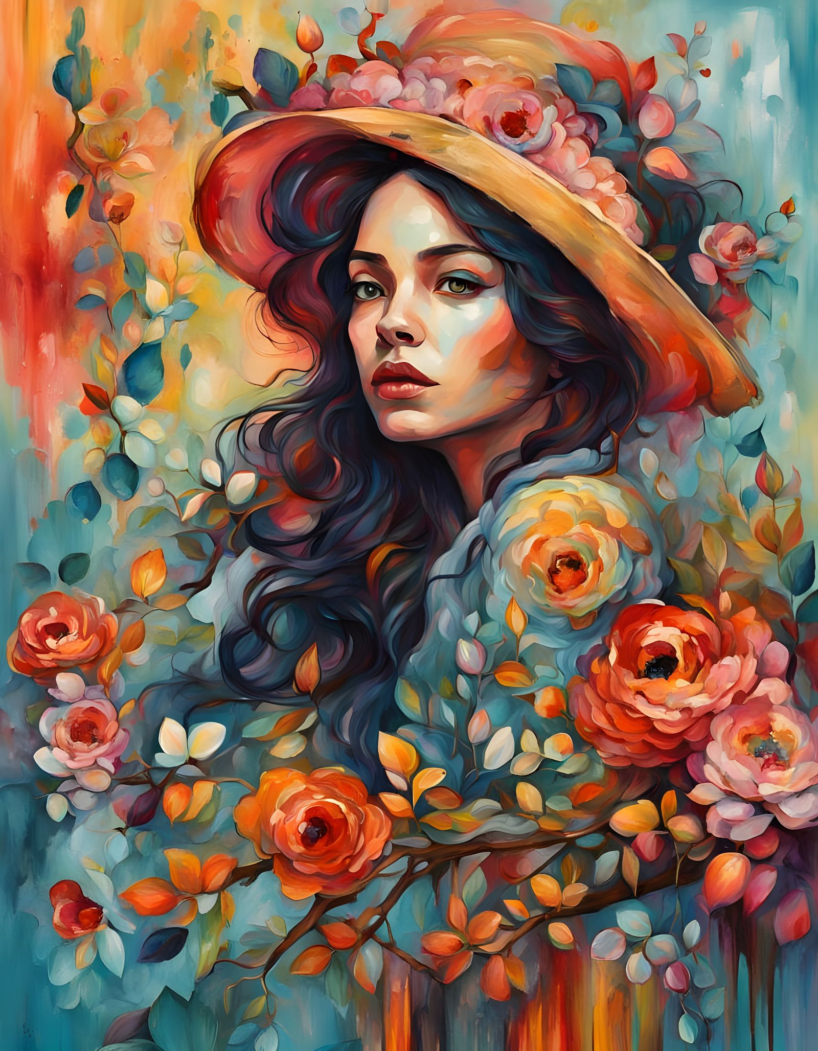 Woman Surrounded by Vibrant Flowers in a Dreamlike Scene