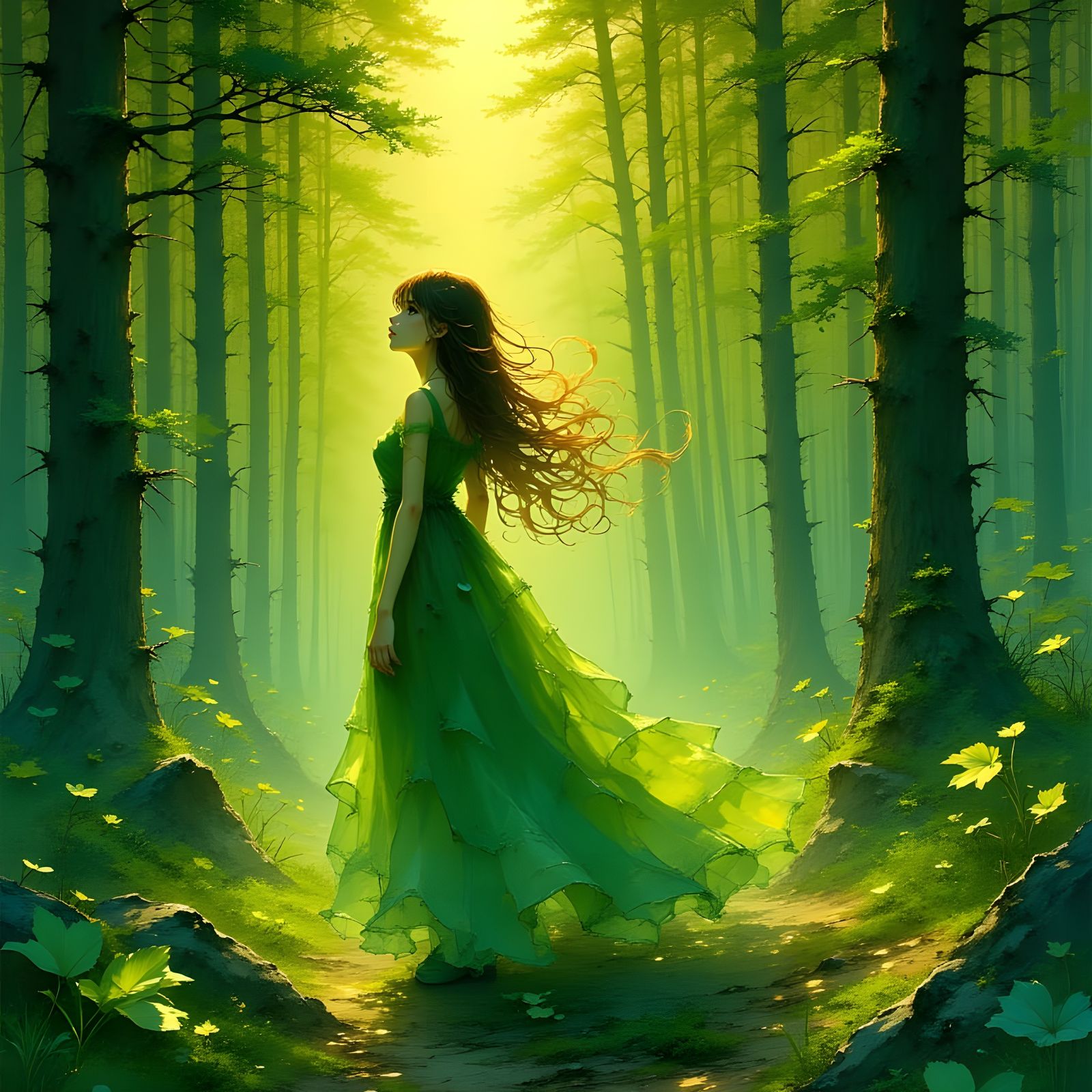 Anime Girl in Glowing Green Dress in Sunlit Forest