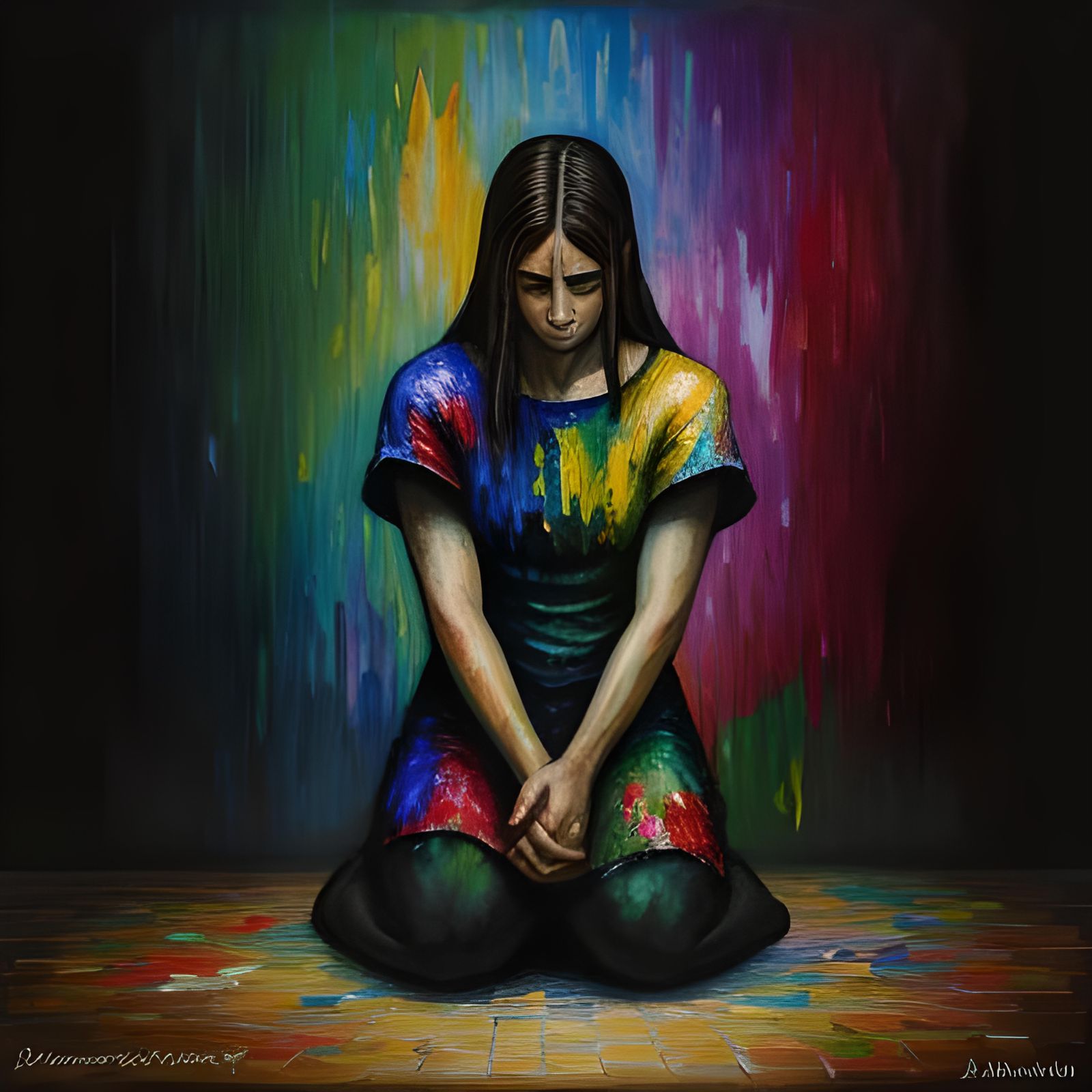 Humbled Figure in Expressionist Oil Painting