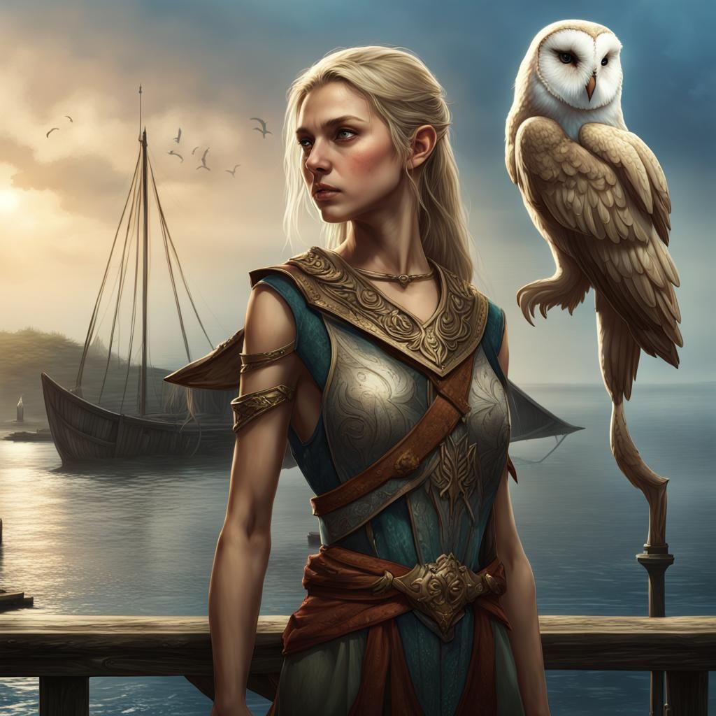 Sun Elf with Barn Owl, Fantasy Concept Art