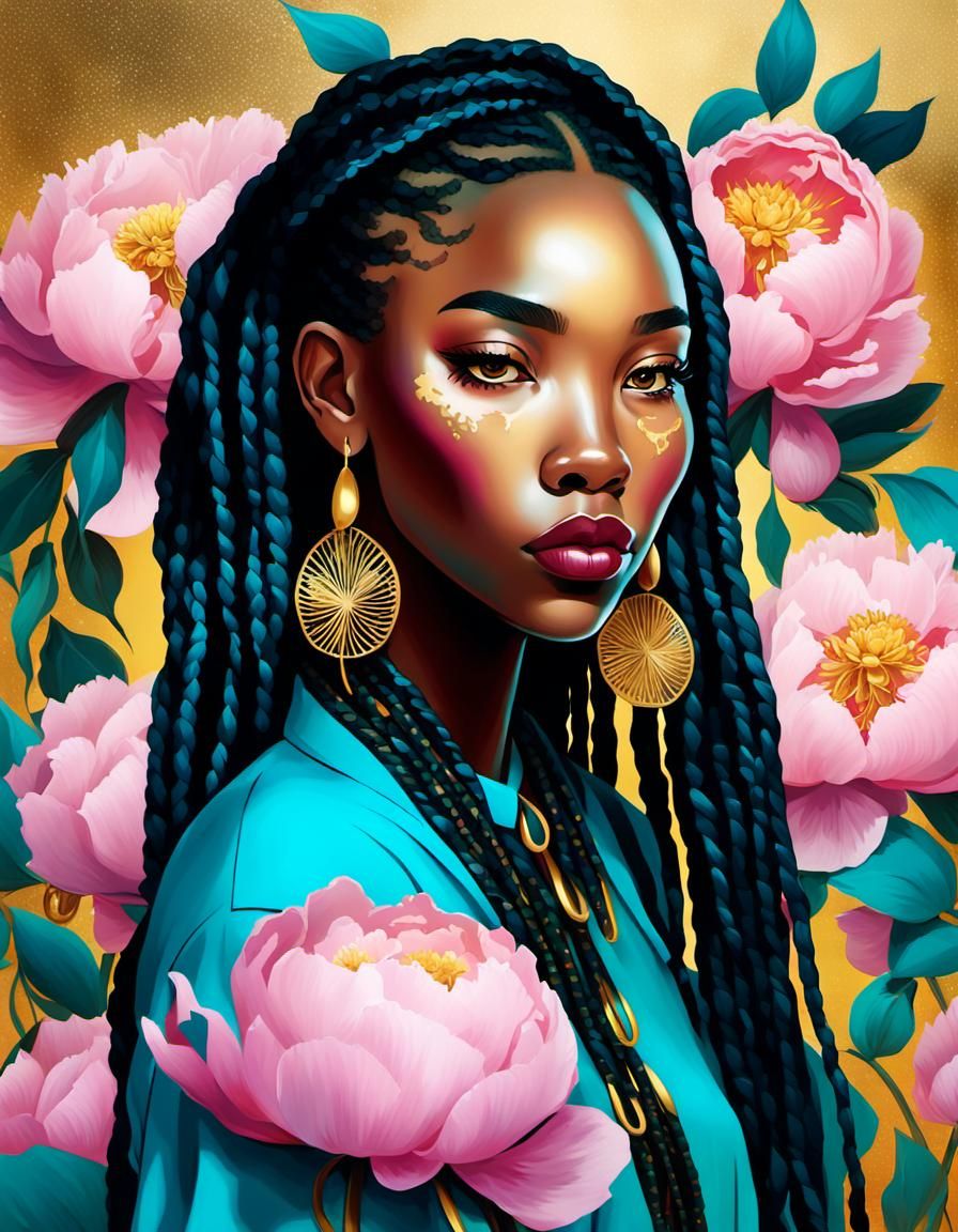 Vibrant Surrealism Portrait of Girl with Peonies