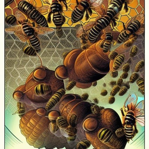 Beehive and Bees in Comic Book Art Style