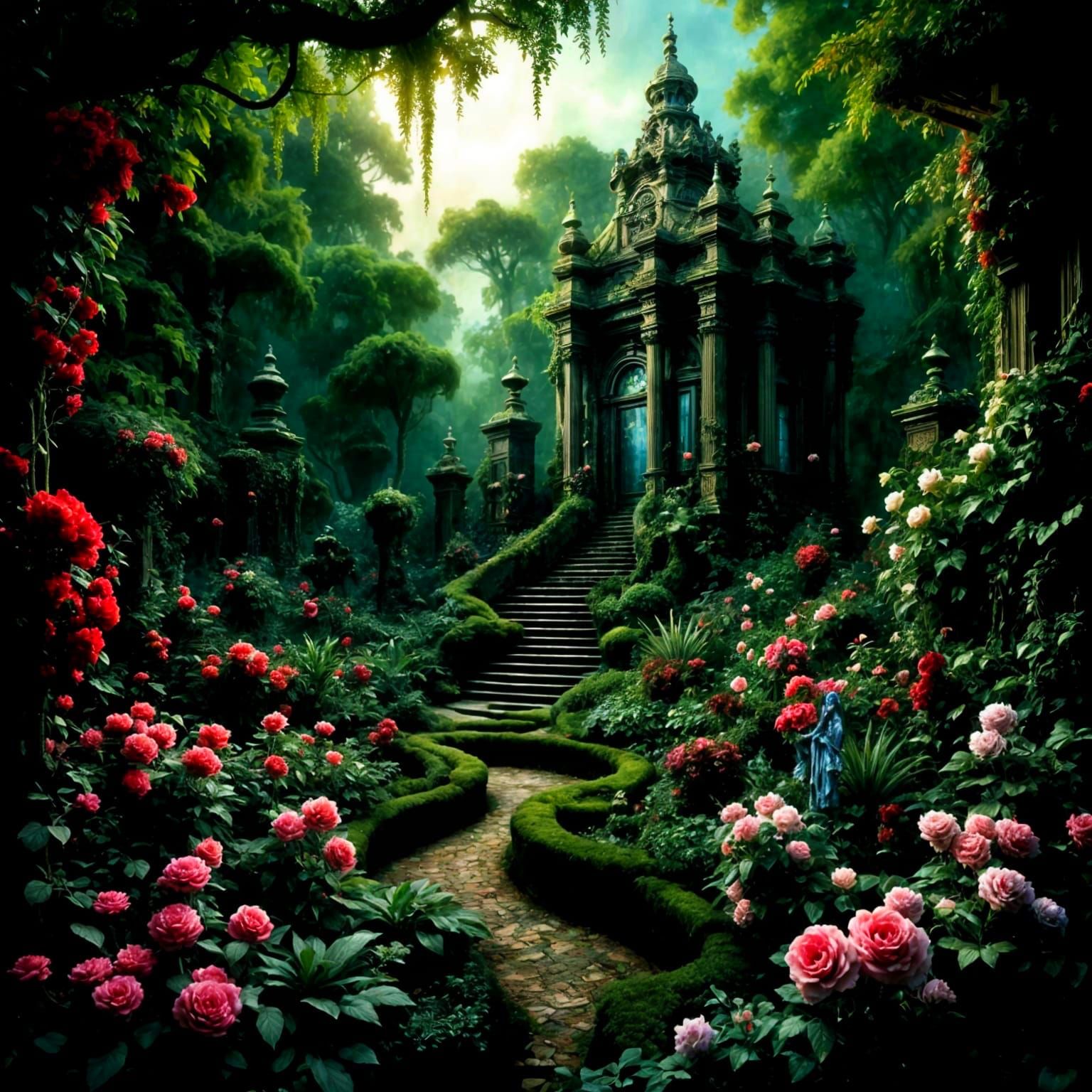 <lora:EnigmaticGarden5-Fb:1.0> Midnight. An evil enigmatic garden, dying red roses, twisted and strange overgrown statua...