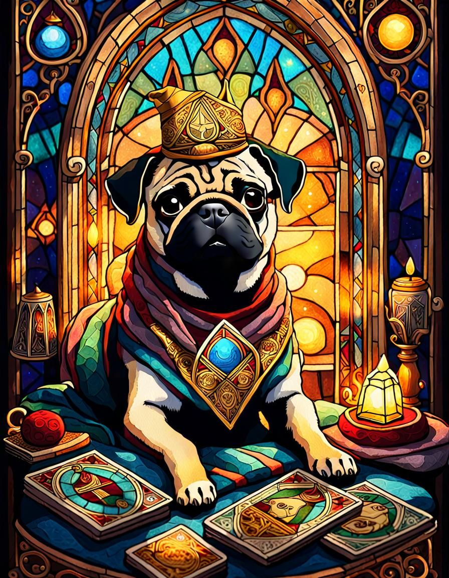 Whimsical Pug Portrait in Fantasy Tarot Setting