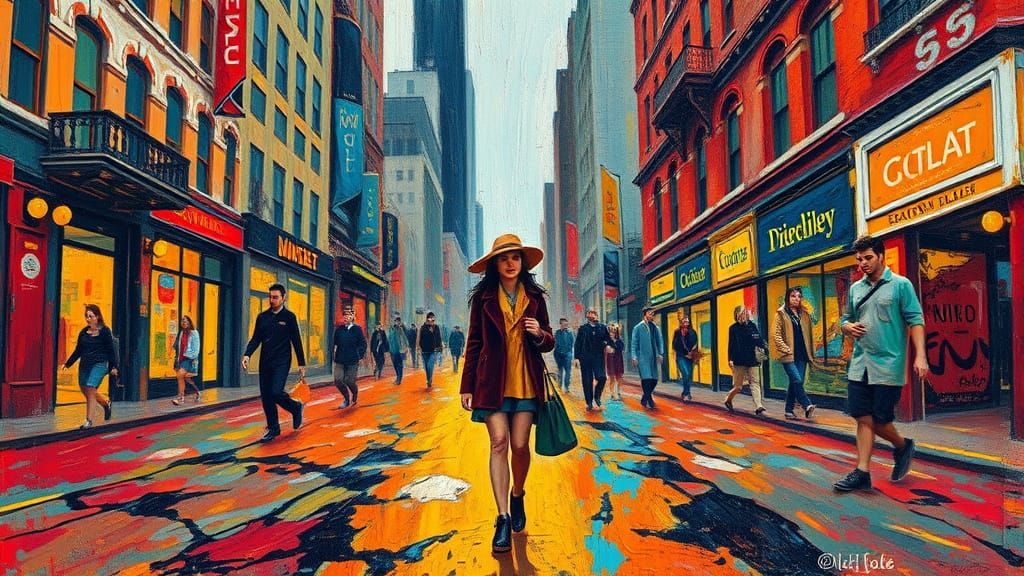 Expressive Impasto Painting of Woman in Cityscape