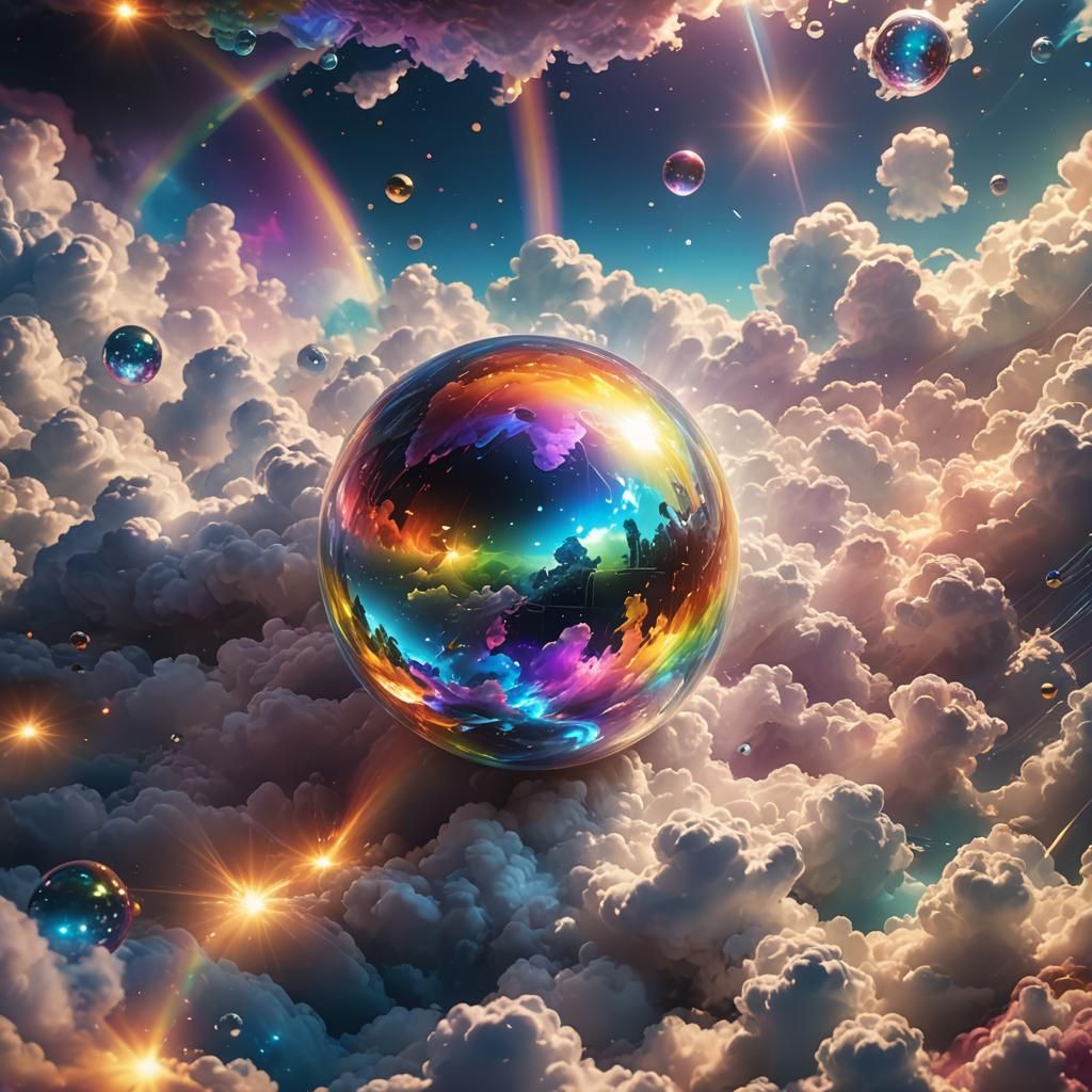 Rainbow Sphere Radiates Light in Fantasy Clouds