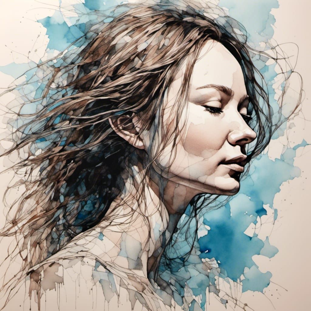 Ink and Watercolor Portrait in Pastel Tones