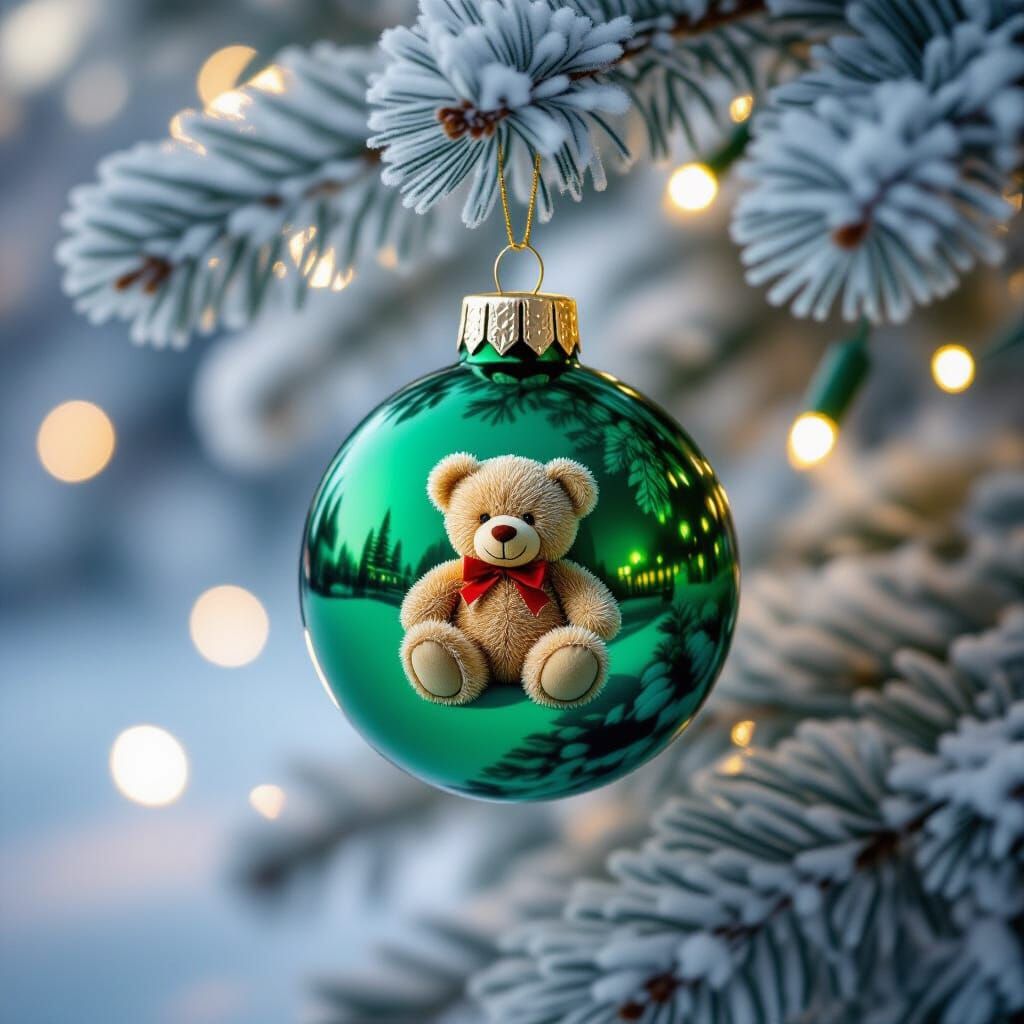 Christmas Bauble Reflection on Frosted Pine Branch