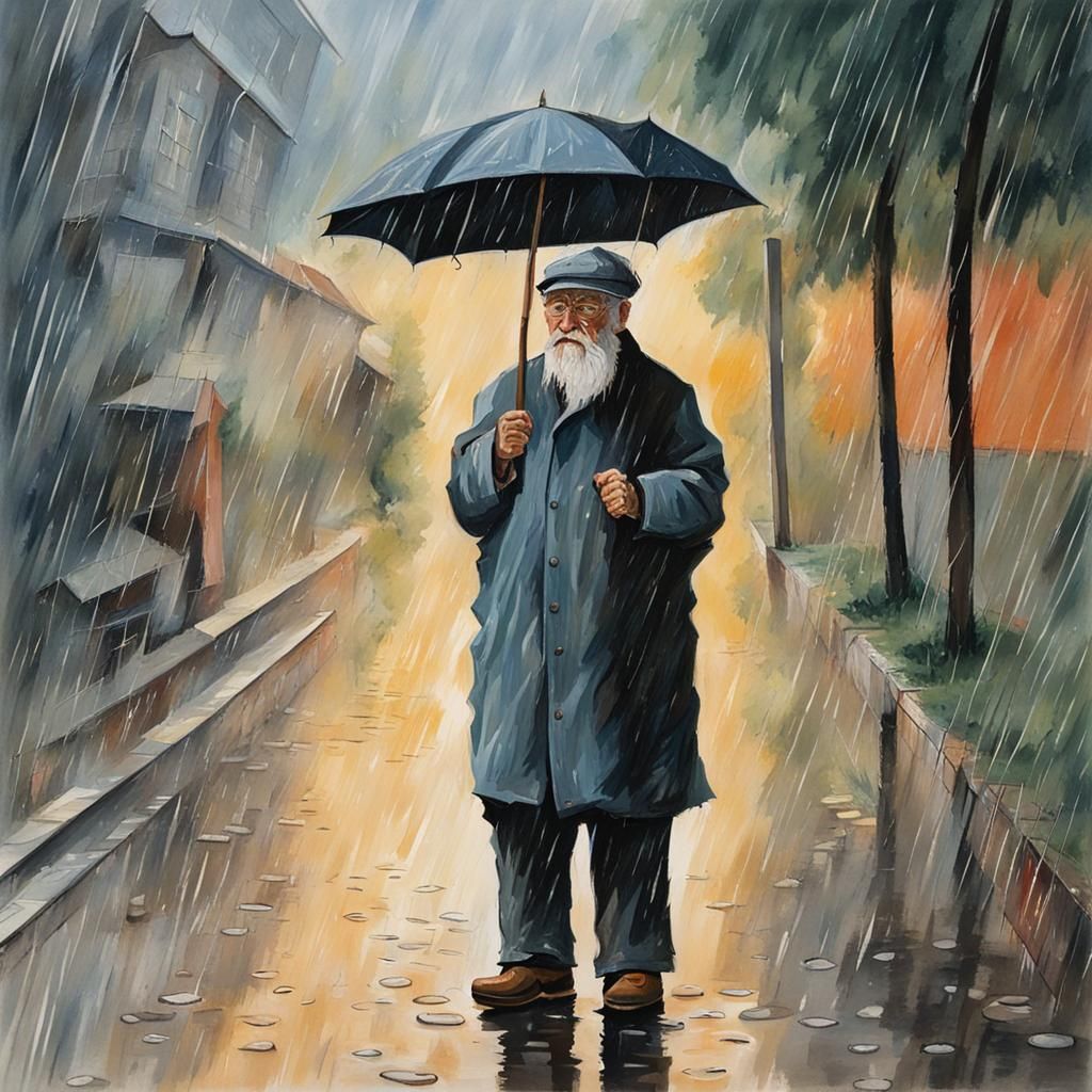 Old Man Stands in Rain: Gouache Painting