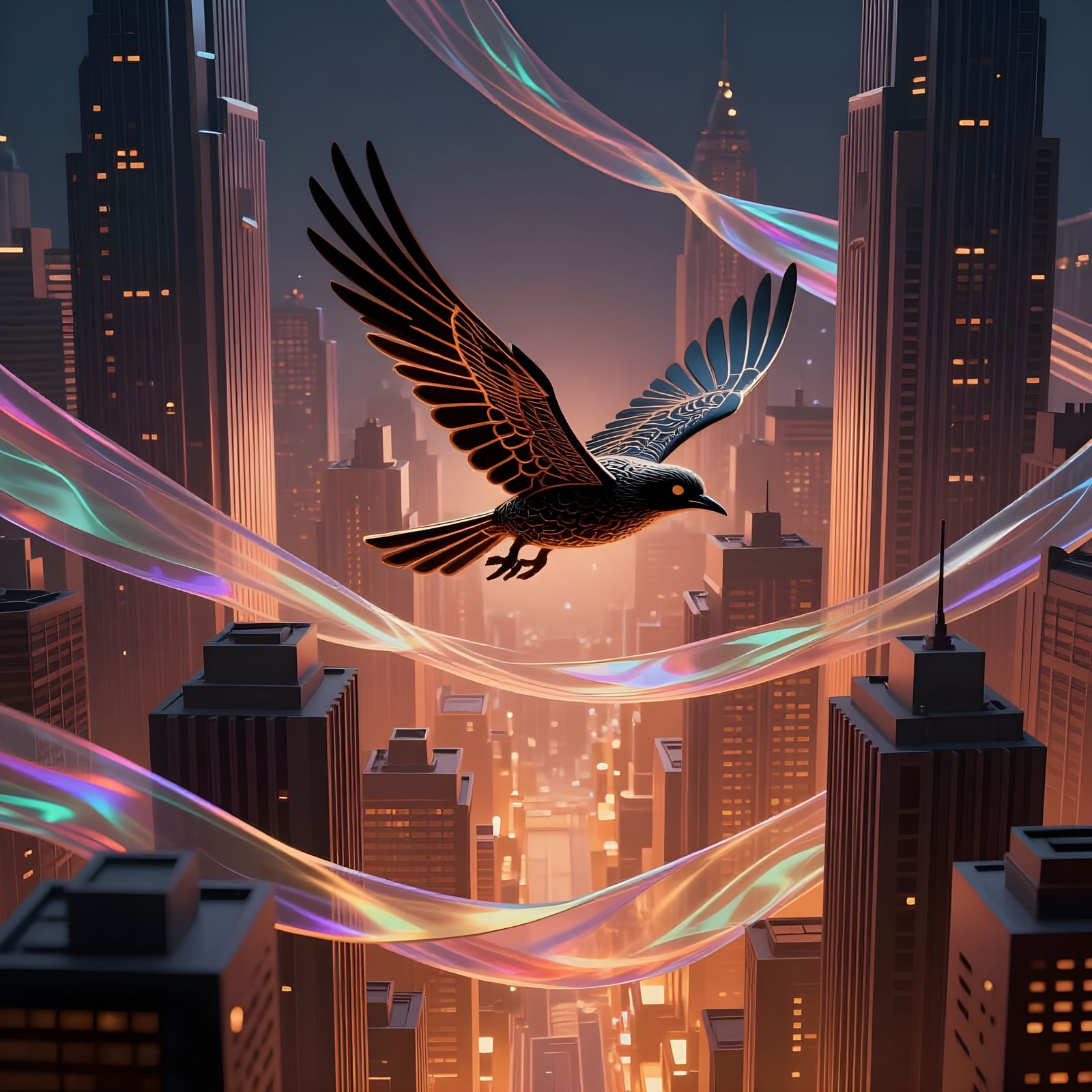 Surreal Futuristic Cityscape with Energy Ribbons and Bird