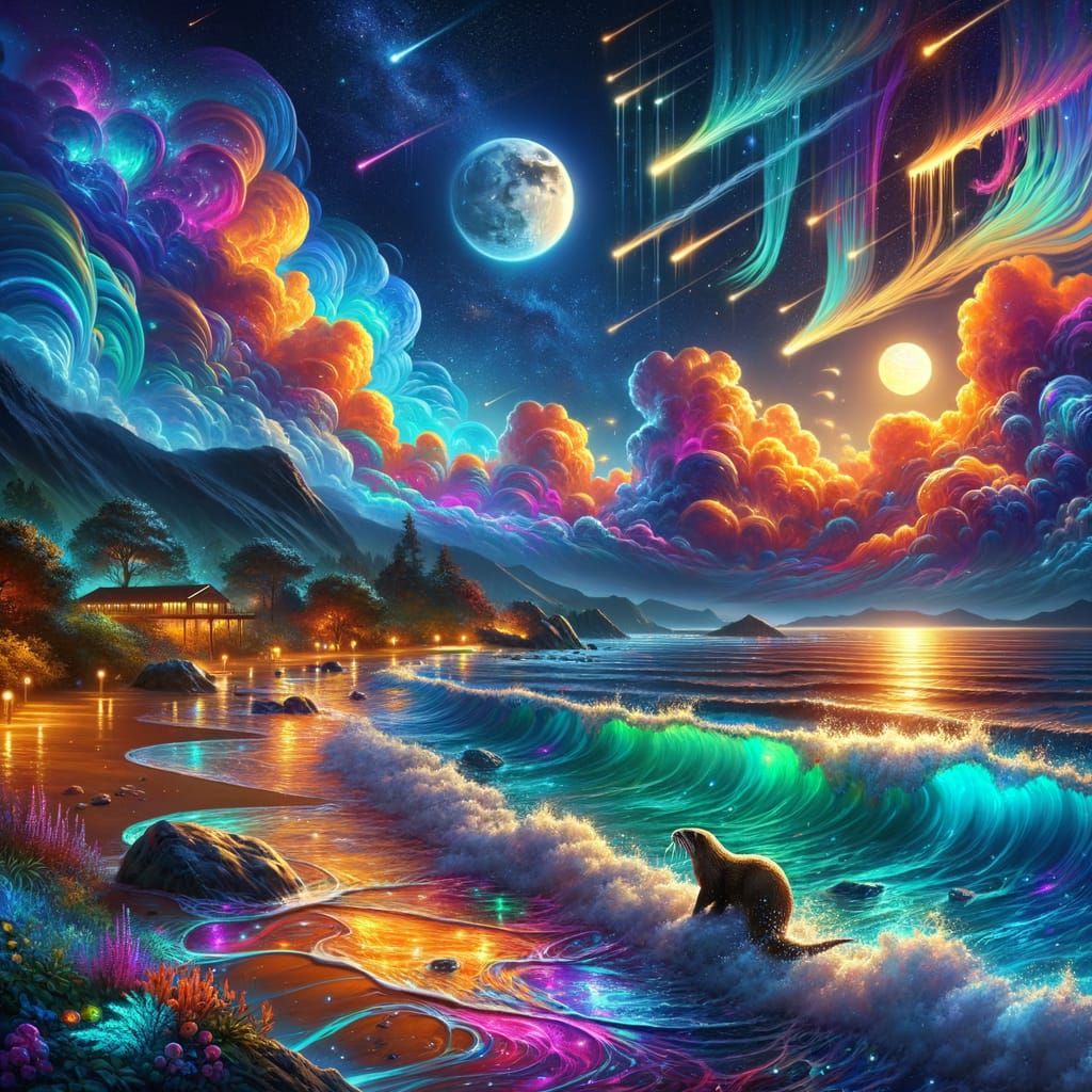 Hyperrealistic Summer Night Landscape with Ocean and Sky Sho...