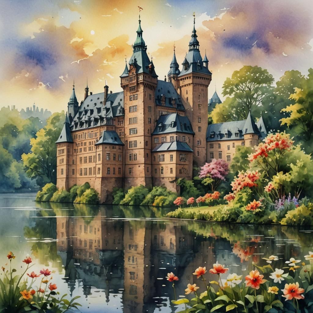 Wasserschloss Hamburg: Watercolor Painting of a Castle