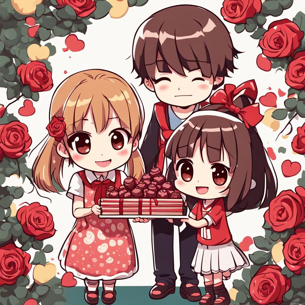Chibi Boy Offers Chocolates and Roses to Anime Girl