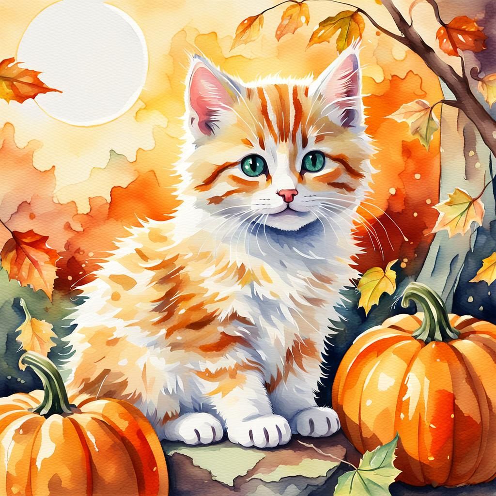 Whimsical Kitten on Pumpkin: Watercolor Autumn Scene