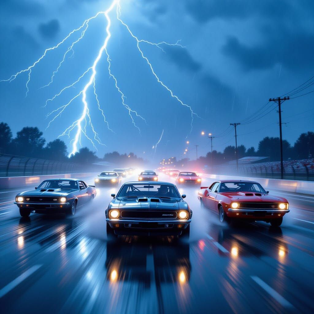 Muscle Cars Race Through Lightning Storm on Thunder Road