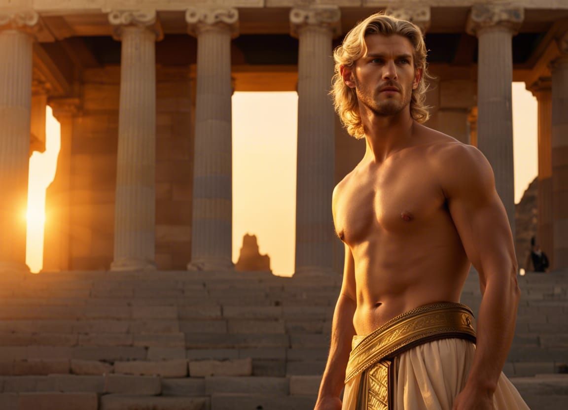 Greek Teen Warrior at Sunset: Digital Matte Painting