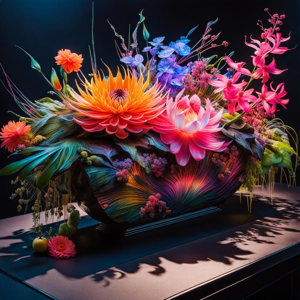 Neon Cyber Ikebana Tablescape in Digital Watercolor Style