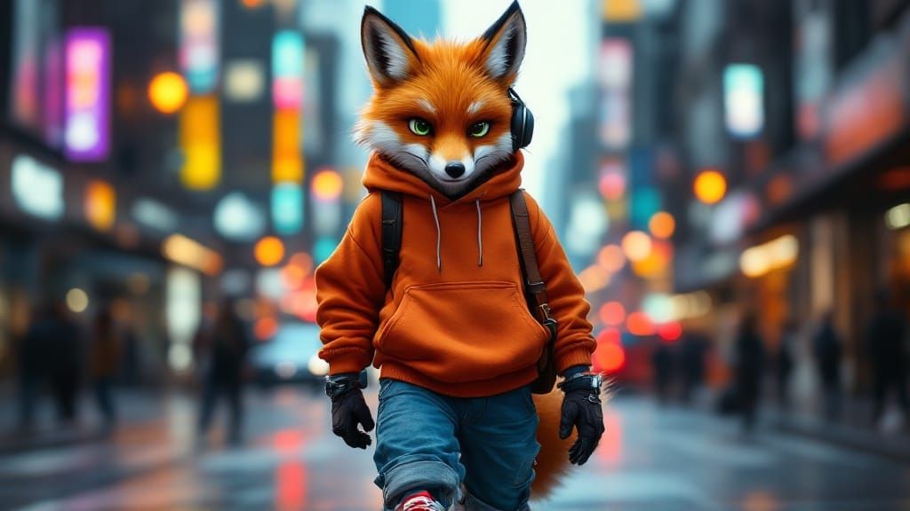 Anthropomorphic Fox in City Street Scene