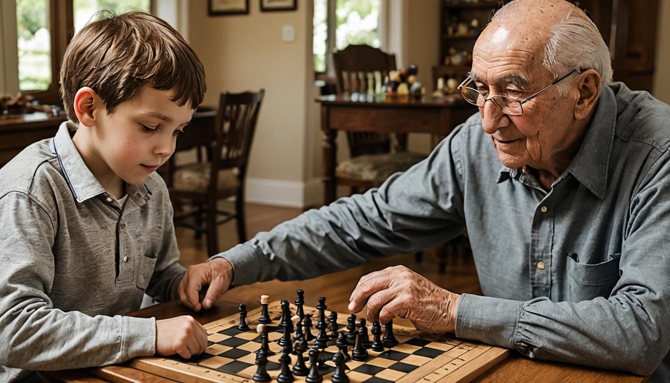 Great Grandfather and Grandson Playing Checkers