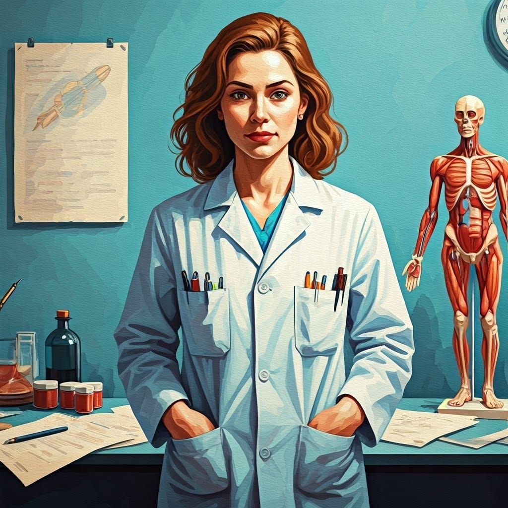 Kinesiologist in Lab, Expressive Gouache Painting