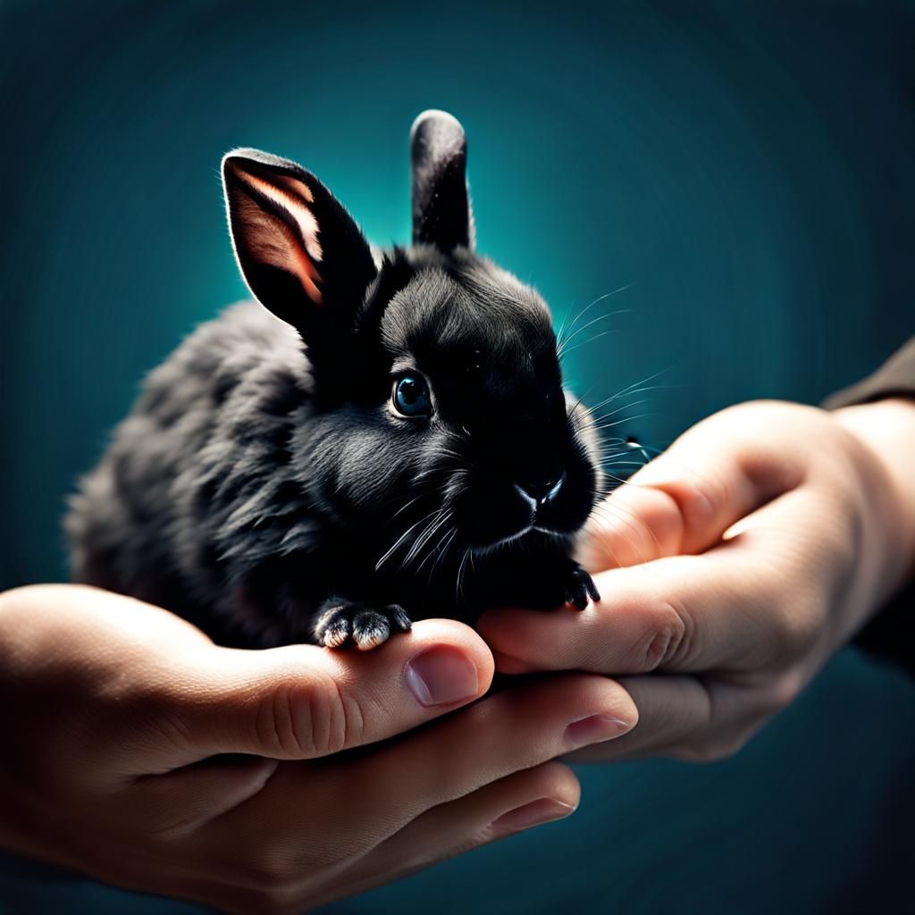 Young Boy Holding a Tiny Black Rabbit Photograph