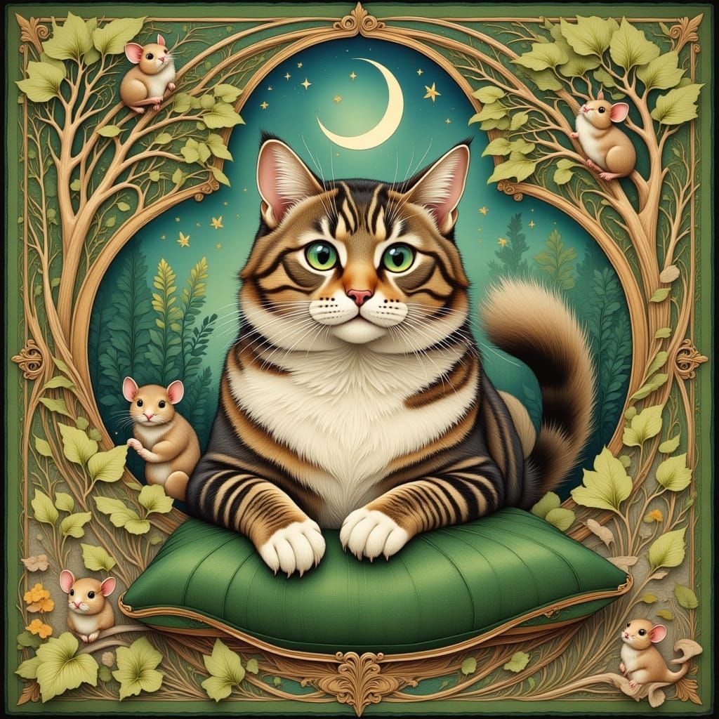 Maine Coon Cat on Green Pillow in Storybook Style