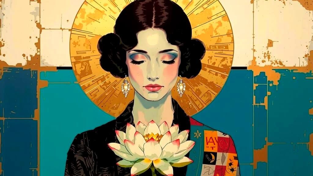 Woman with Lotus: Distressed Digital Impasto Painting