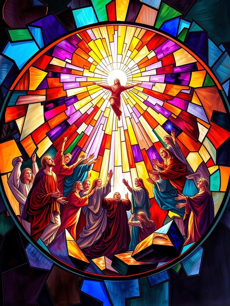 Cubist Stained Glass: Saints Ascending in Divine Light