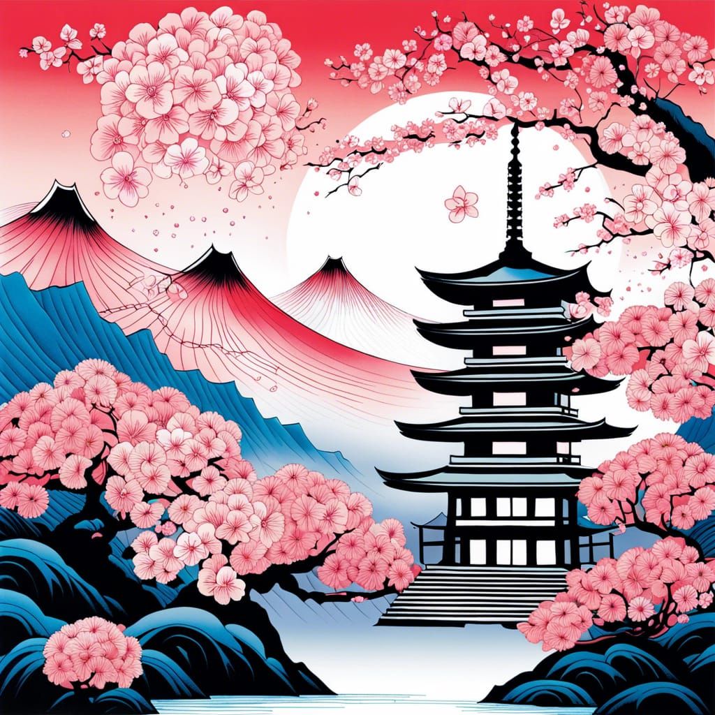Cherry Blossom Temple in Ukiyo-e Style