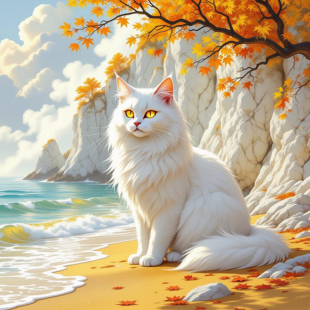Giant White Cat with Golden Eyes on Golden Shore