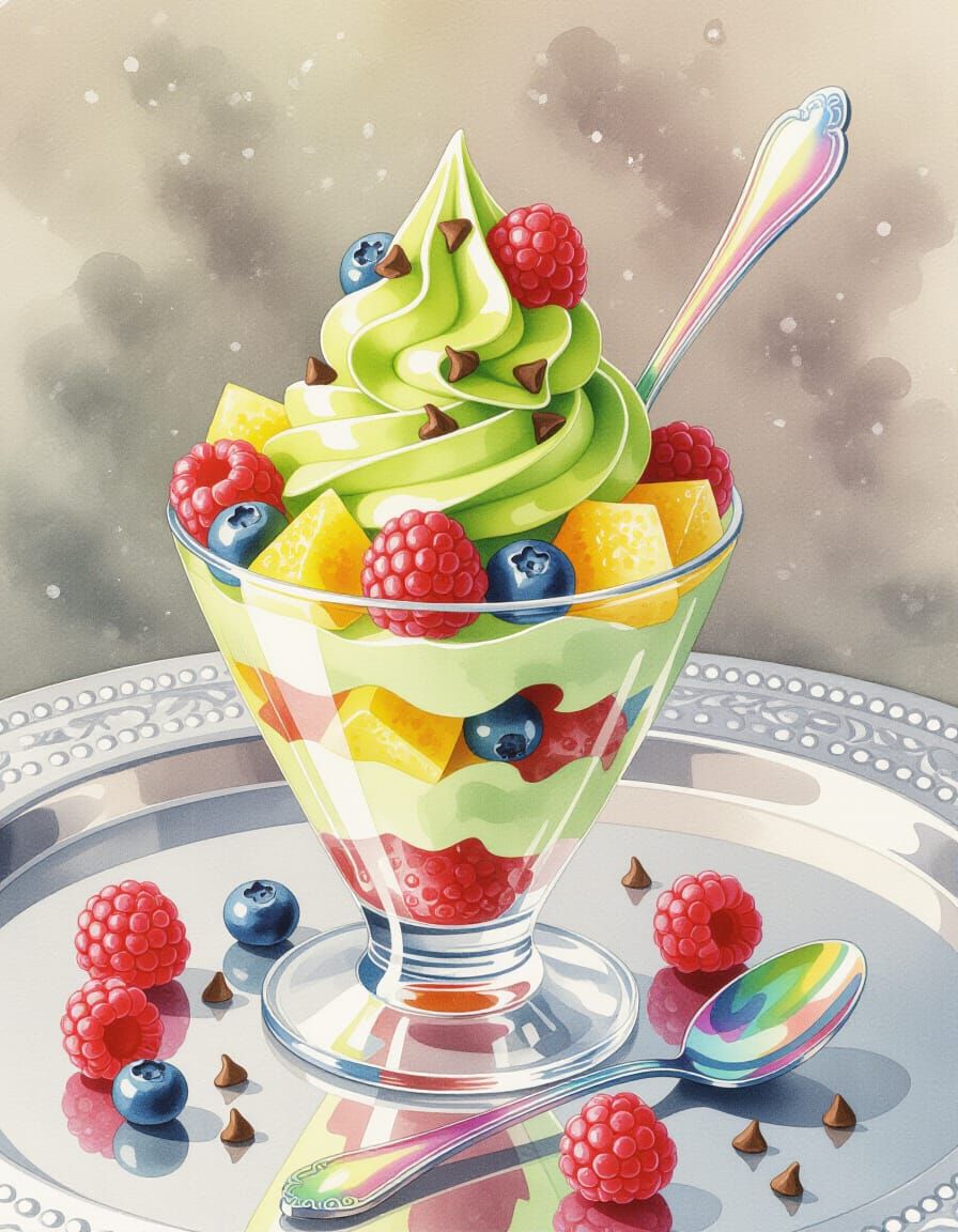 Matcha Parfait with Fruits in Watercolor Style