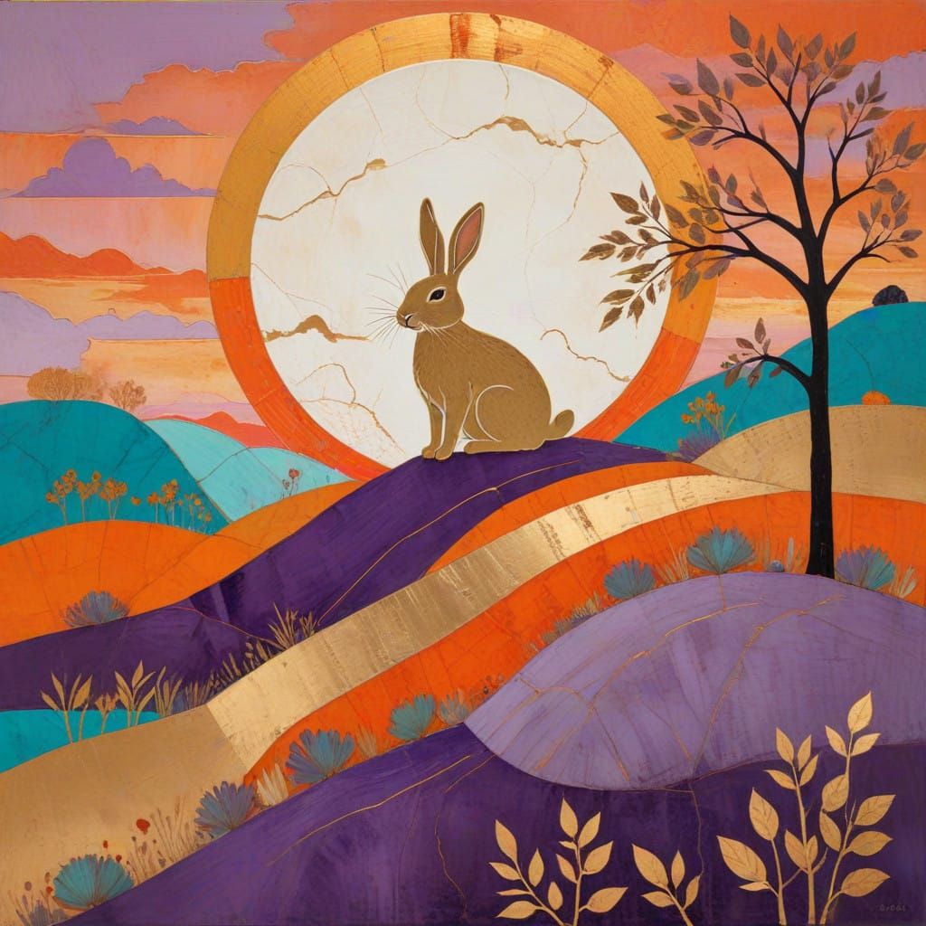 Vibrant Sunset Scene with a Gentle Rabbit