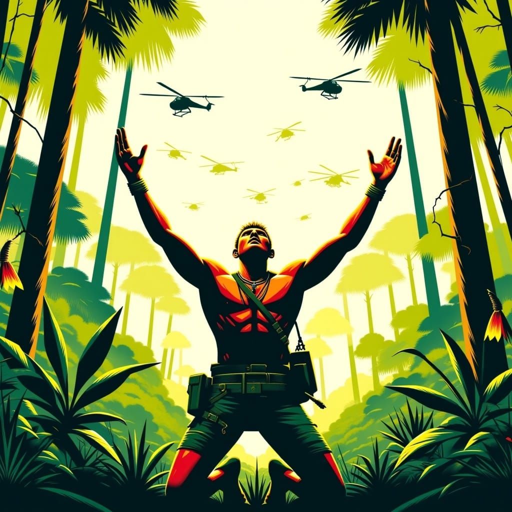 Soldier's Jungle Plea: Minimalist Illustration