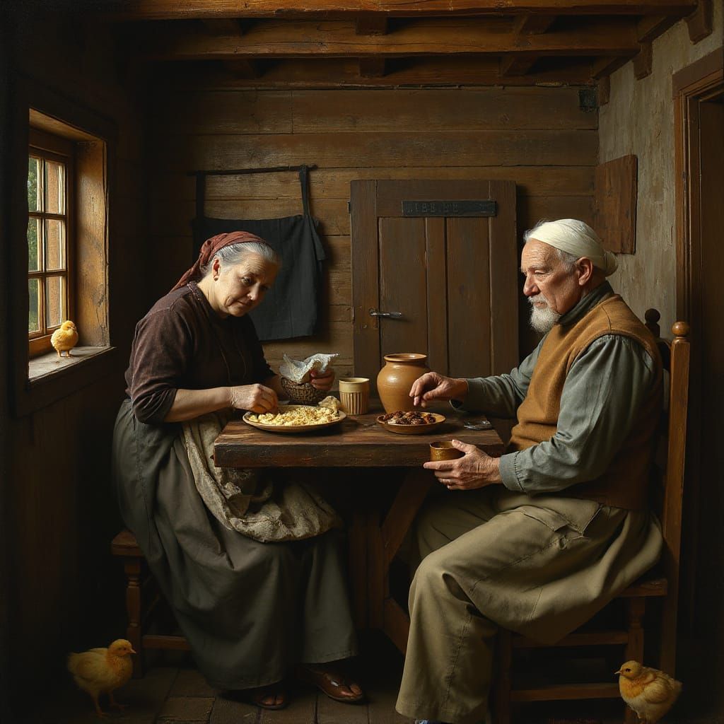 Rustic Farmhouse Scene with Elderly Couple in Hyperrealism