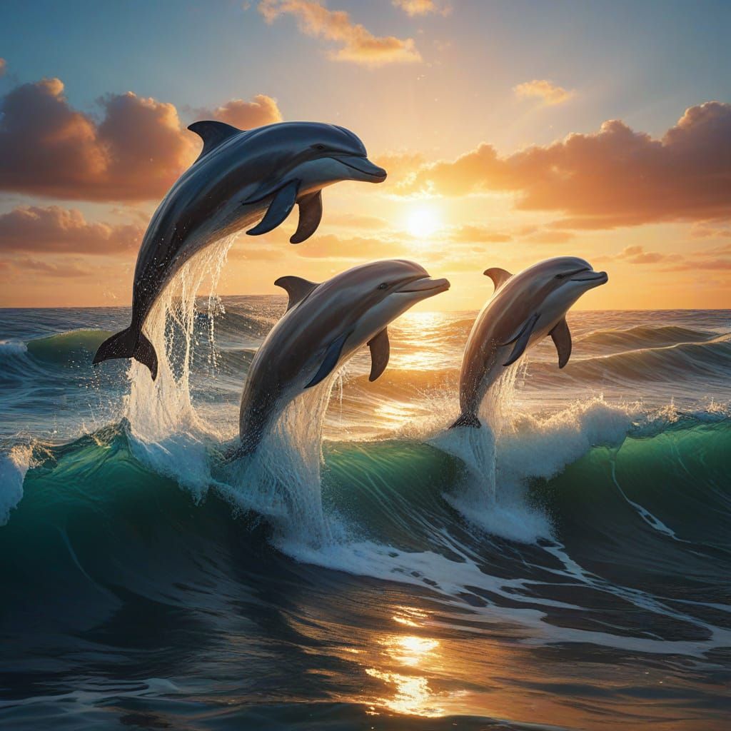 Dolphins Leap in Vibrant Oil Painting with Golden Light