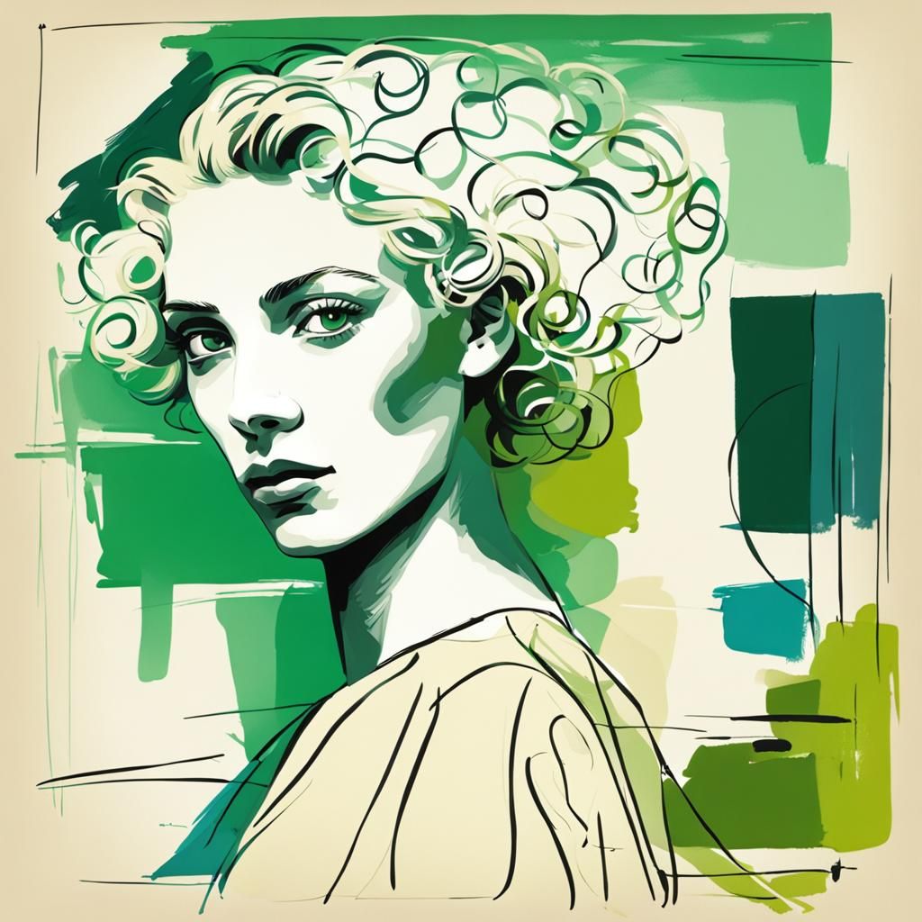 sketch :: style of Picasso :: beautiful blond :: smooth curves :: green eyes ::: short curly hair