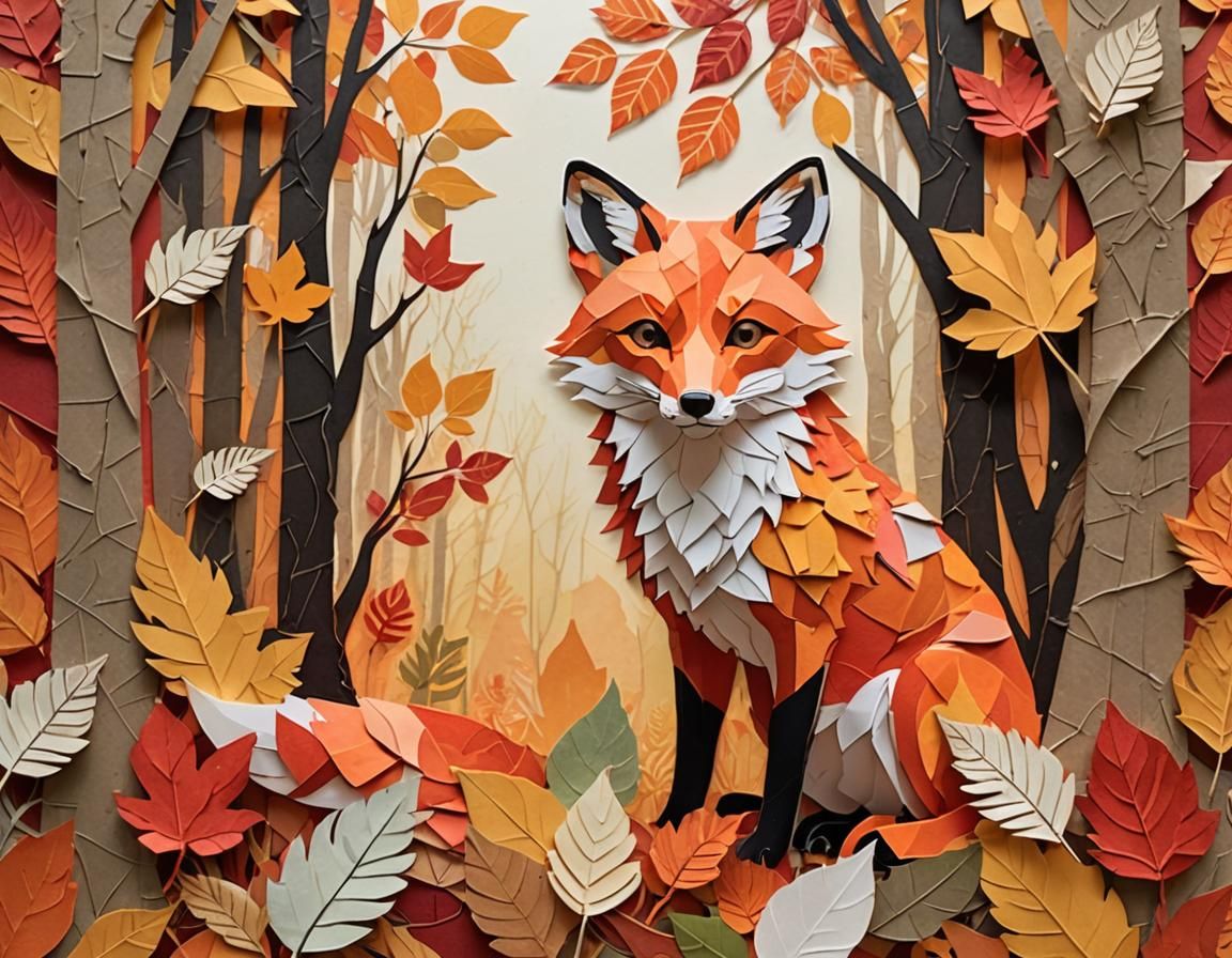 Fox in Forest of Paper Leaves Collage