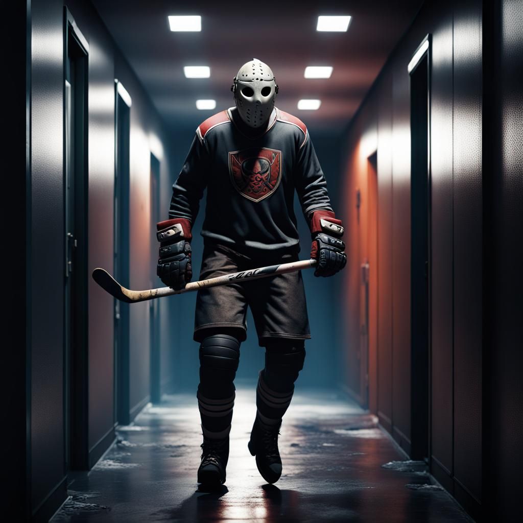 Hockey Masked Man in Dark Hallway: Matte Painting