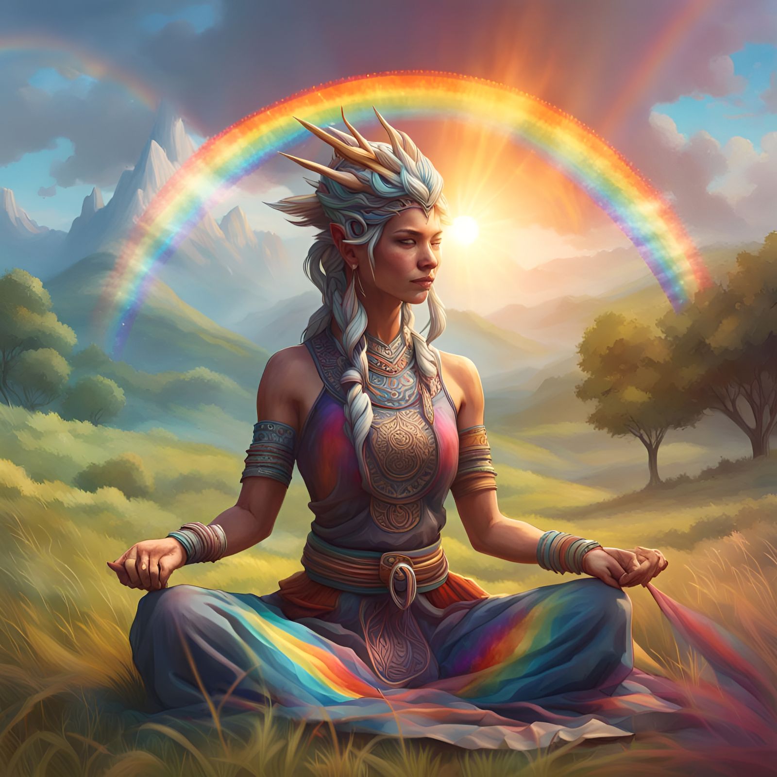 Rainbow Dragon and Meditating Woman: Detailed Portrait