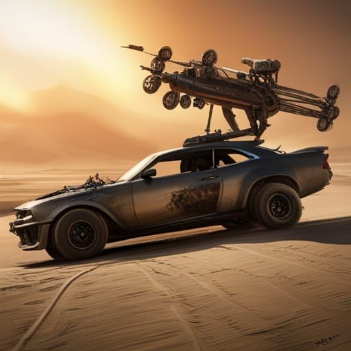 Mad max fury road,mad max hanging from the moving car while immortan Jack spawning arrows,hyperdetailed,hyperrealistic, ...