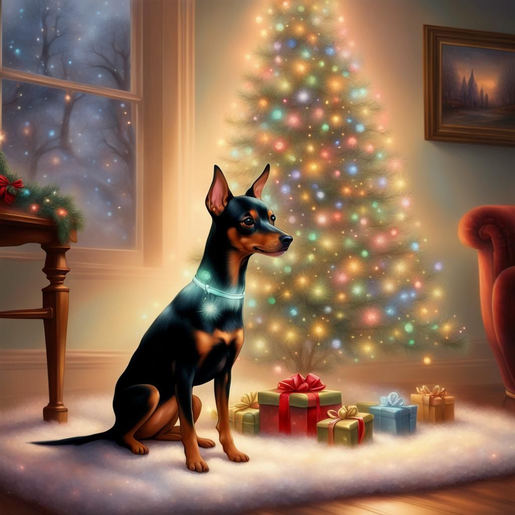 Min Pin Dog Christmas Scene in Kinkade Style