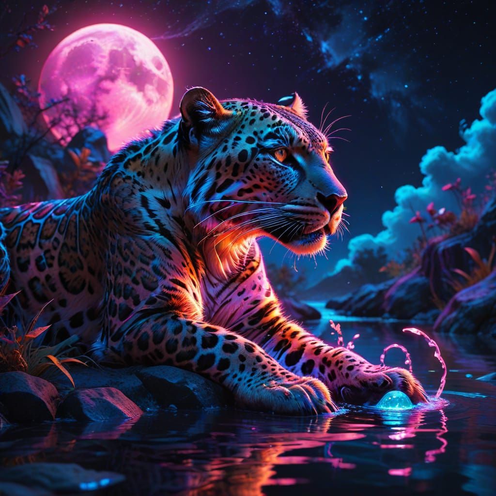 Majestic Neon Leopard Drinks at Luminous Waterhole